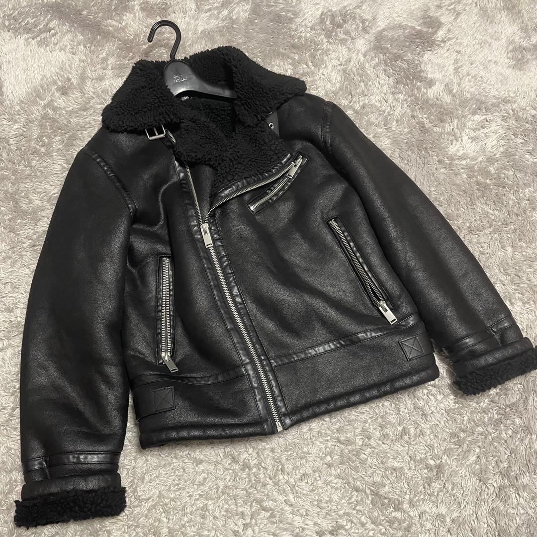 健介 ZARA フェイクムートン フェイクファーダブルライダースジャケット