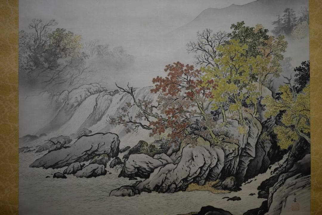 複製/川合玉堂/奔泉紅葉/工芸/桐箱二重箱付/布袋屋掛軸HE-243