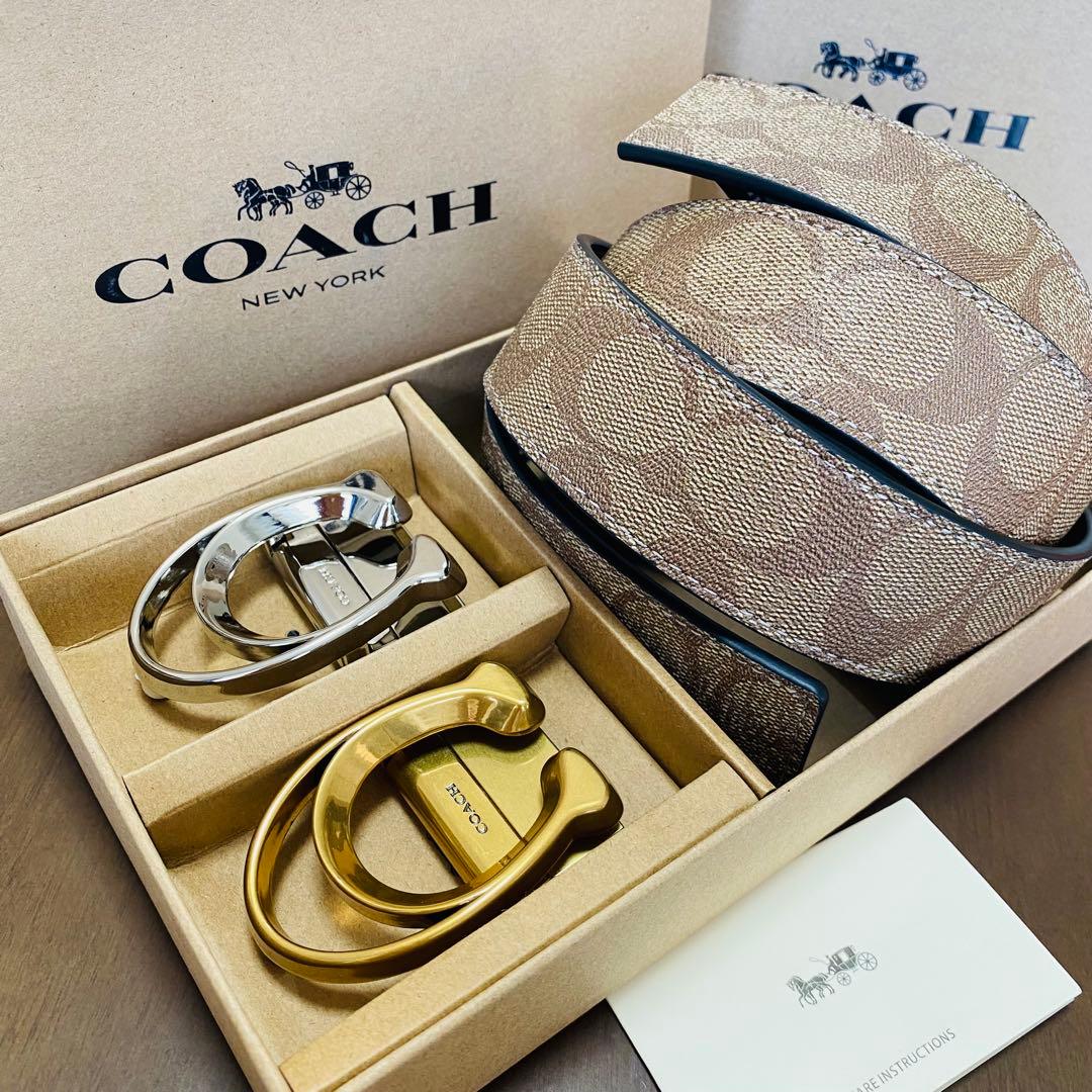 COACHコーチ新品正規品リバーシブルレザーベルト　回転バックル2個 セール COACHコーチ新品正規品リバーシブルレザーベルト 回転バックル2