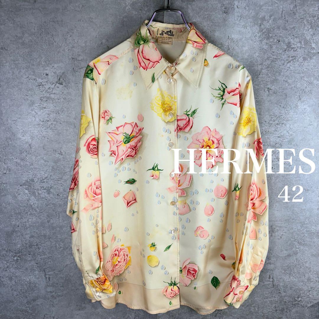 HERMES エルメス シルク100% シャツ 42 バラの雫　アイボリー
