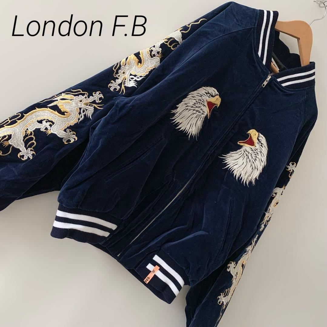 vintage London F.B スカジャン ネイビー 鷲 龍 イーグル L スイングトップ スカジャン 鷲 イーグル 鷹 流水 和模様 和風 刺繍風