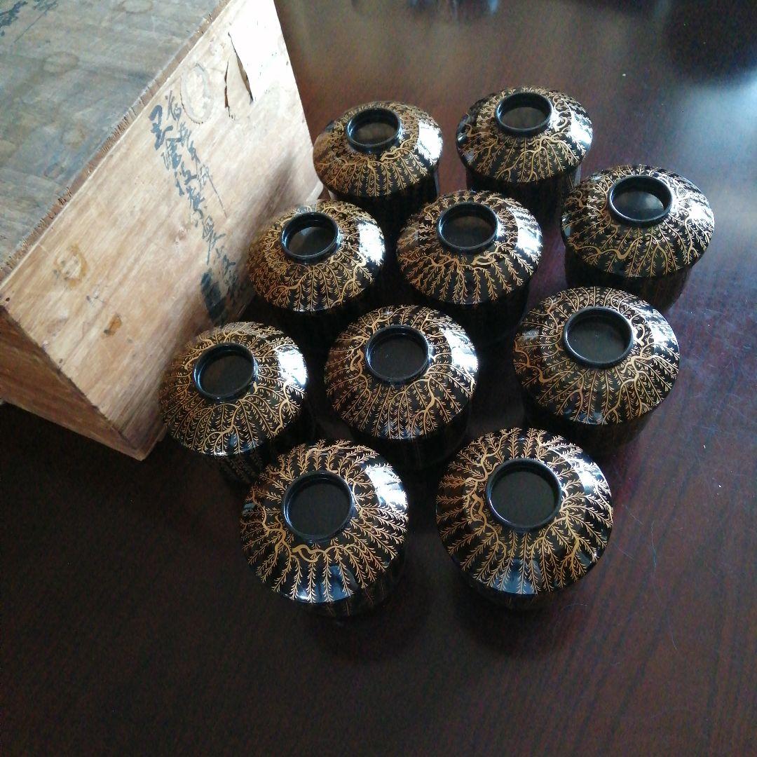 輪島塗　大崎庄右衛門　竹園自耕　金蒔絵枝垂柳紋吸物椀　10客　9cm　昭和中期 輪島塗 大崎庄右衛門 竹園自耕 金蒔絵枝垂柳紋吸物椀 10